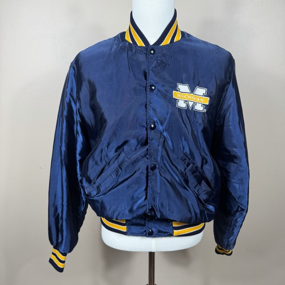 DeLong Michigan Wolverines Satin Bomber Jacket Vintage USA Made Navy Yellow Sz M